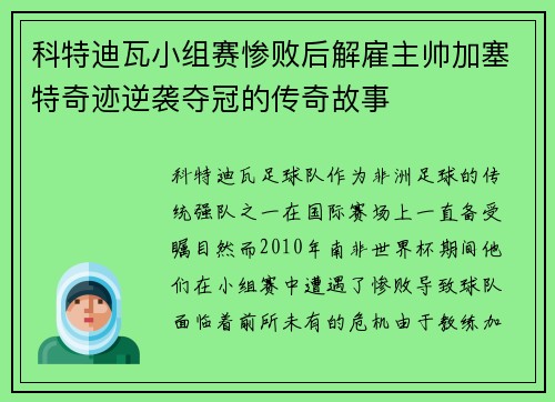科特迪瓦小组赛惨败后解雇主帅加塞特奇迹逆袭夺冠的传奇故事